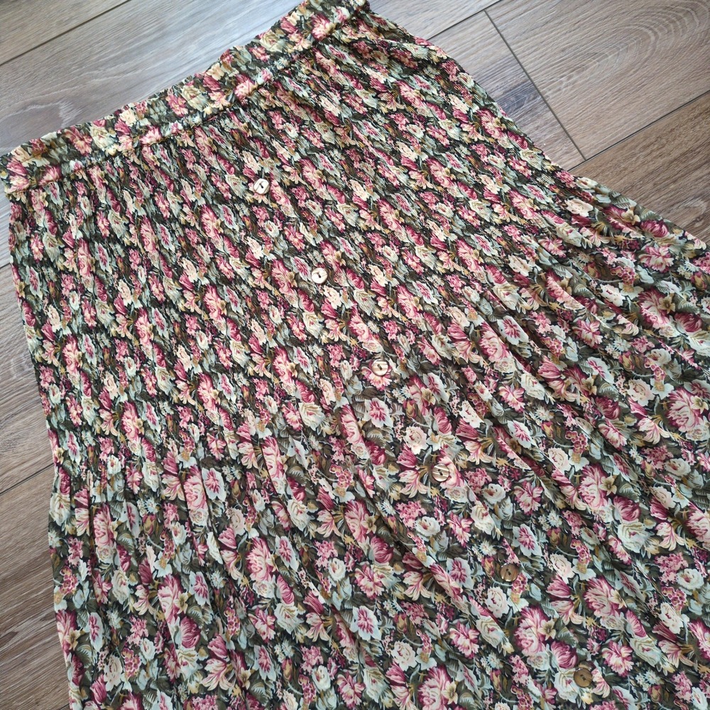 Vtg Y2K 90s Express Floral Maxi Skirt‎ Pleated Sheer Buttons Festival Large